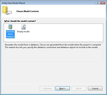 Captura de pantalla del cuadro Asistente para modelos de datos de entidad, que muestra el icono Generar a partir de la base de datos seleccionado.