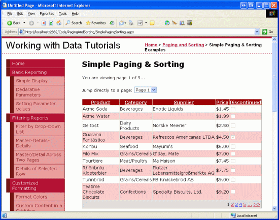 Captura de pantalla de Trabajar con tutoriales de datos en la página Paginación y ordenación simple que muestra los resultados ordenados por la columna Precio en orden ascendente.