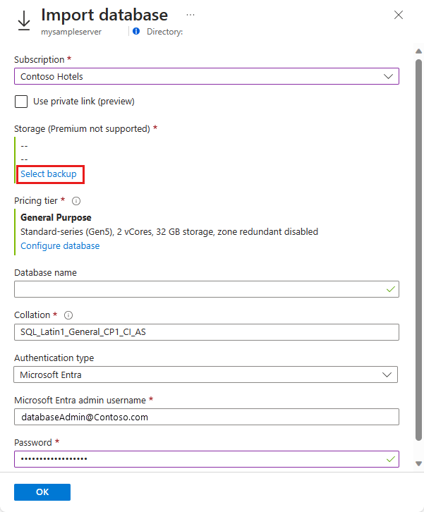 Captura de pantalla de la página Importación de base de datos en Azure&nbsp;Portal.