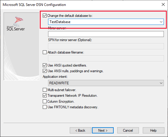 Captura de pantalla del cuadro de diálogo de selección de base de datos predeterminado que muestra la base de datos de ejemplo elegida.