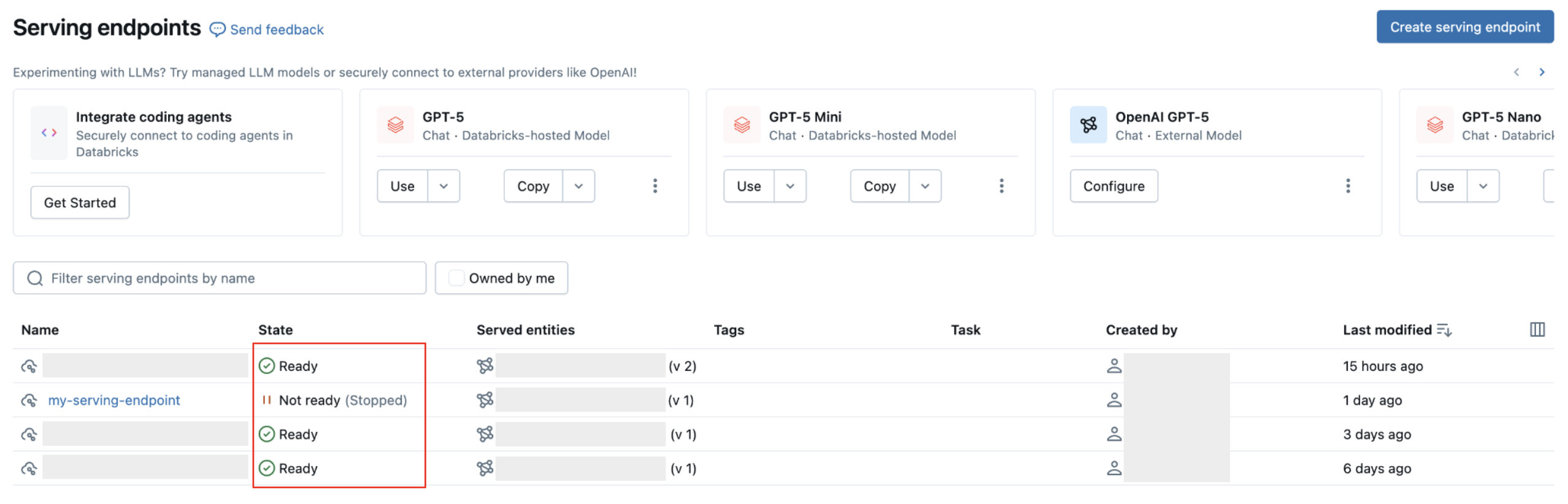 Compruebe el estado del punto de conexión utilizando la lista de puntos de conexión en la interfaz de usuario de Serving.