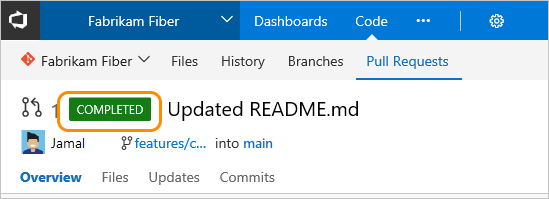 Captura de pantalla que muestra una notificación de Pull request completada.