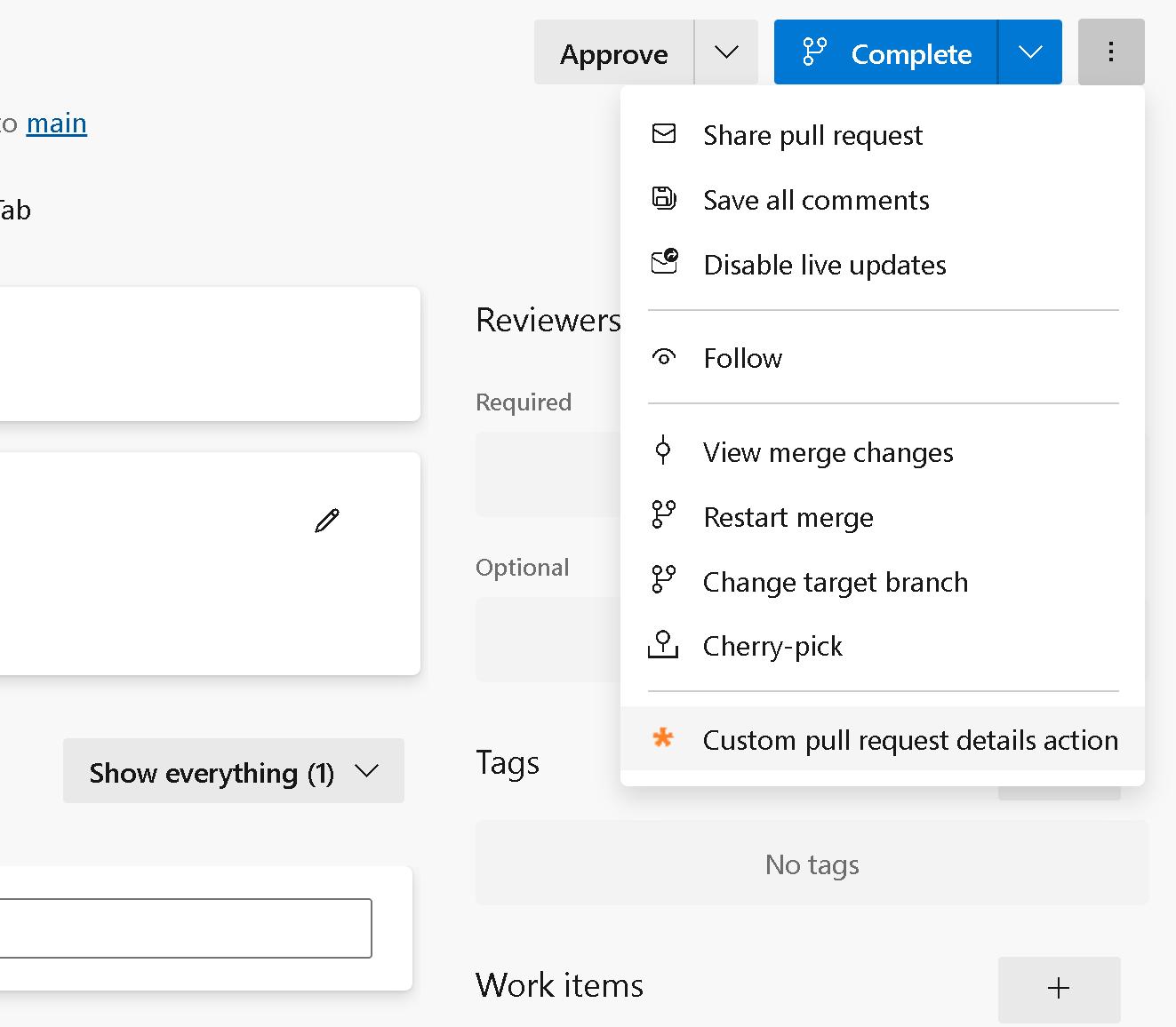 Captura de pantalla de las acciones de solicitud de incorporación de cambios de Git.