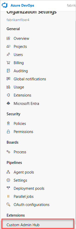 Captura de pantalla del centro de administración de la organización personalizada.