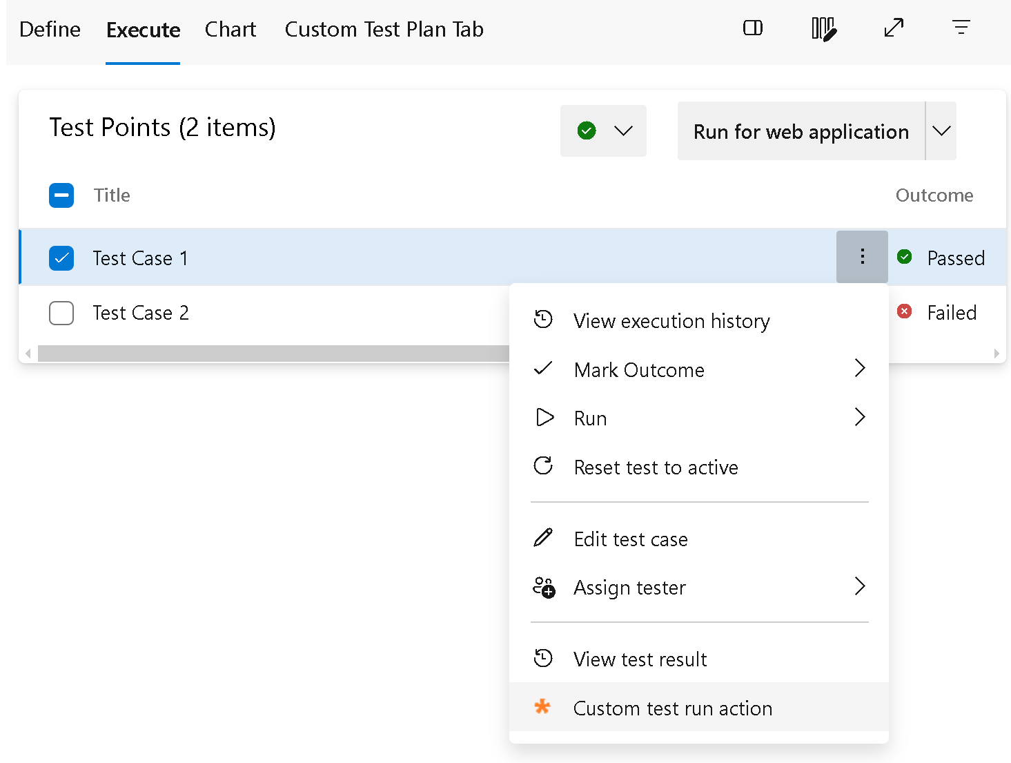 Captura de pantalla del menú de la cuadrícula de ejecución de pruebas.