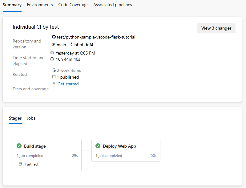 Captura de pantalla de la sección de fases del resumen de ejecución de la canalización.