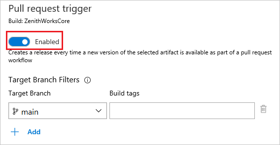 Captura de pantalla que muestra cómo habilitar desencadenadores de solicitud de incorporación de cambios en canalizaciones de versión clásica.