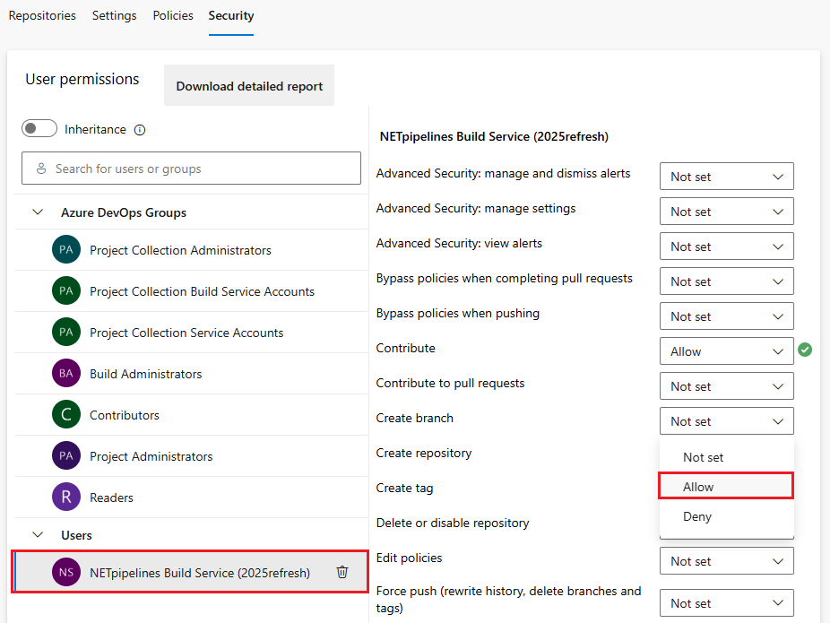Captura de pantalla que muestra la concesión de permisos de identidad a los repositorios. 