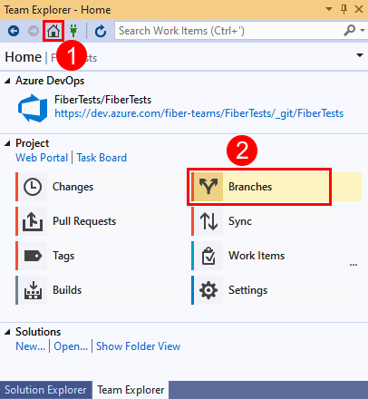 Captura de pantalla de la opción Ramas en Team Explorer en Visual Studio 2019.
