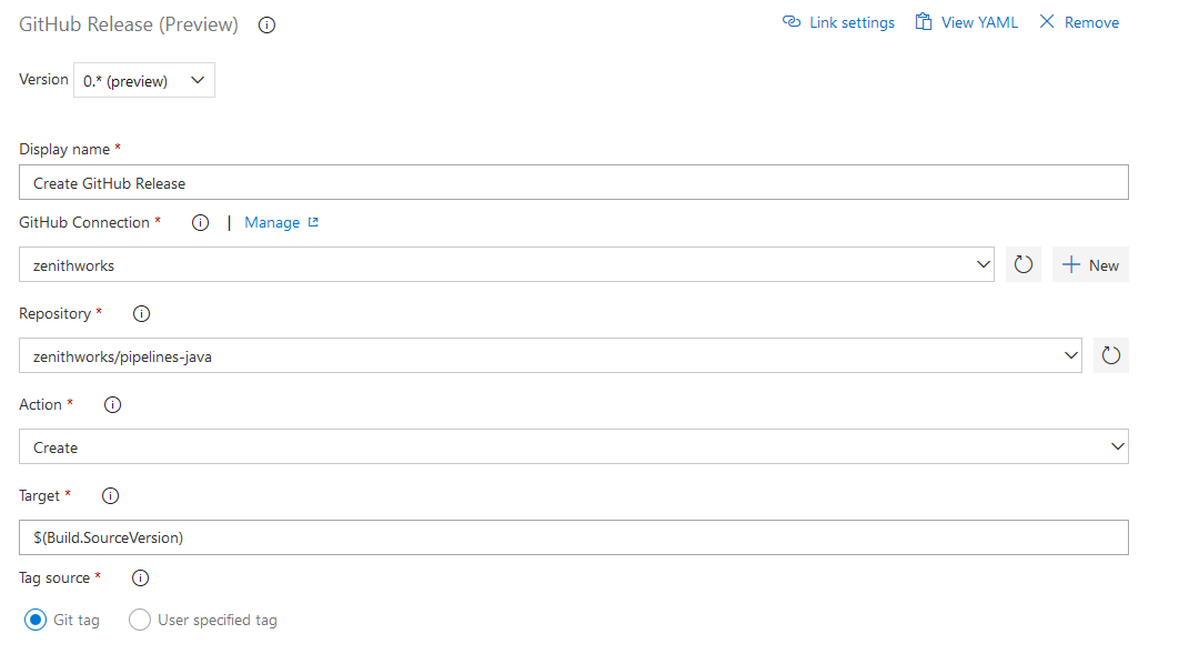Captura de pantalla del cuadro de diálogo GitHub Release (Preview).