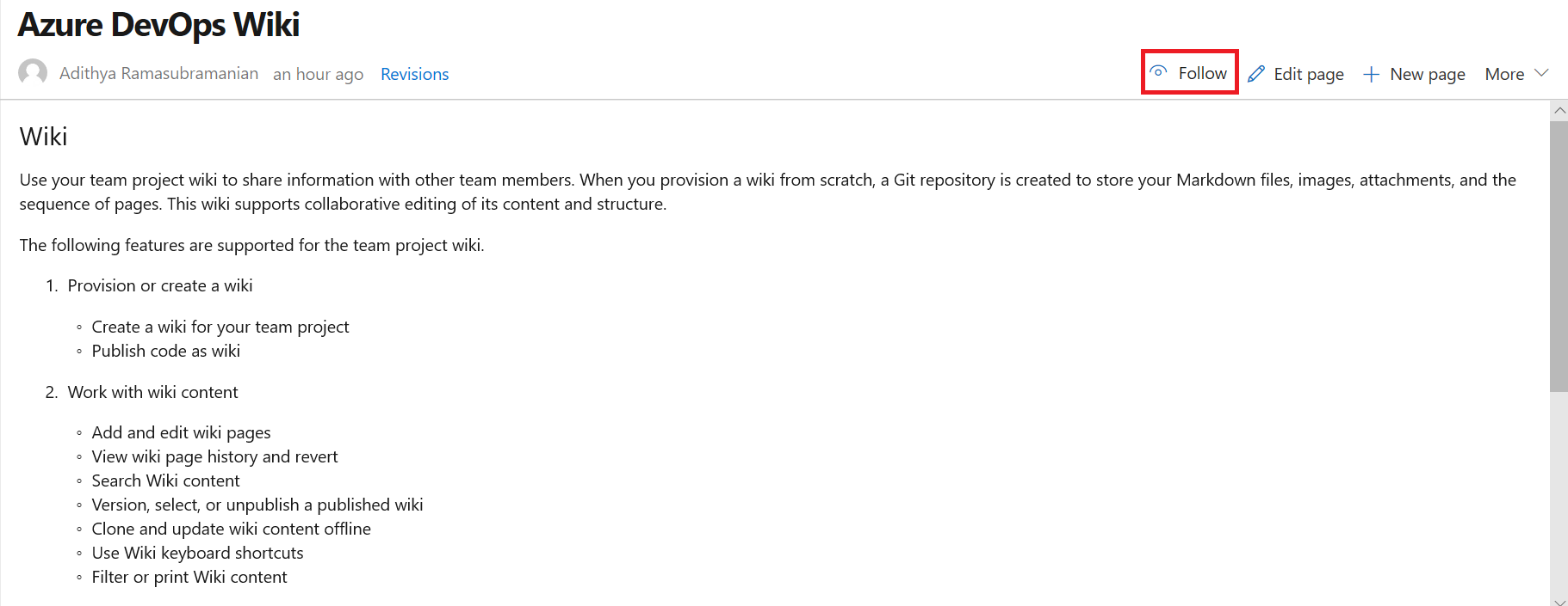 Captura de pantalla de una página Wiki de Azure DevOps con la opción Seguir indicada.