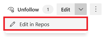 Captura de pantalla que muestra el menú Editar con la opción Editar en Repos resaltada.
