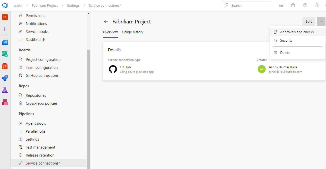 Captura de pantalla que muestra el menú Editar de una canalización YAML con la opción Aprobaciones y comprobaciones visibles.
