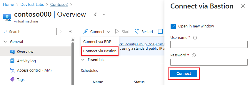 Captura de pantalla de la selección de Conectar a través de Bastion y conexión a través de Bastion.