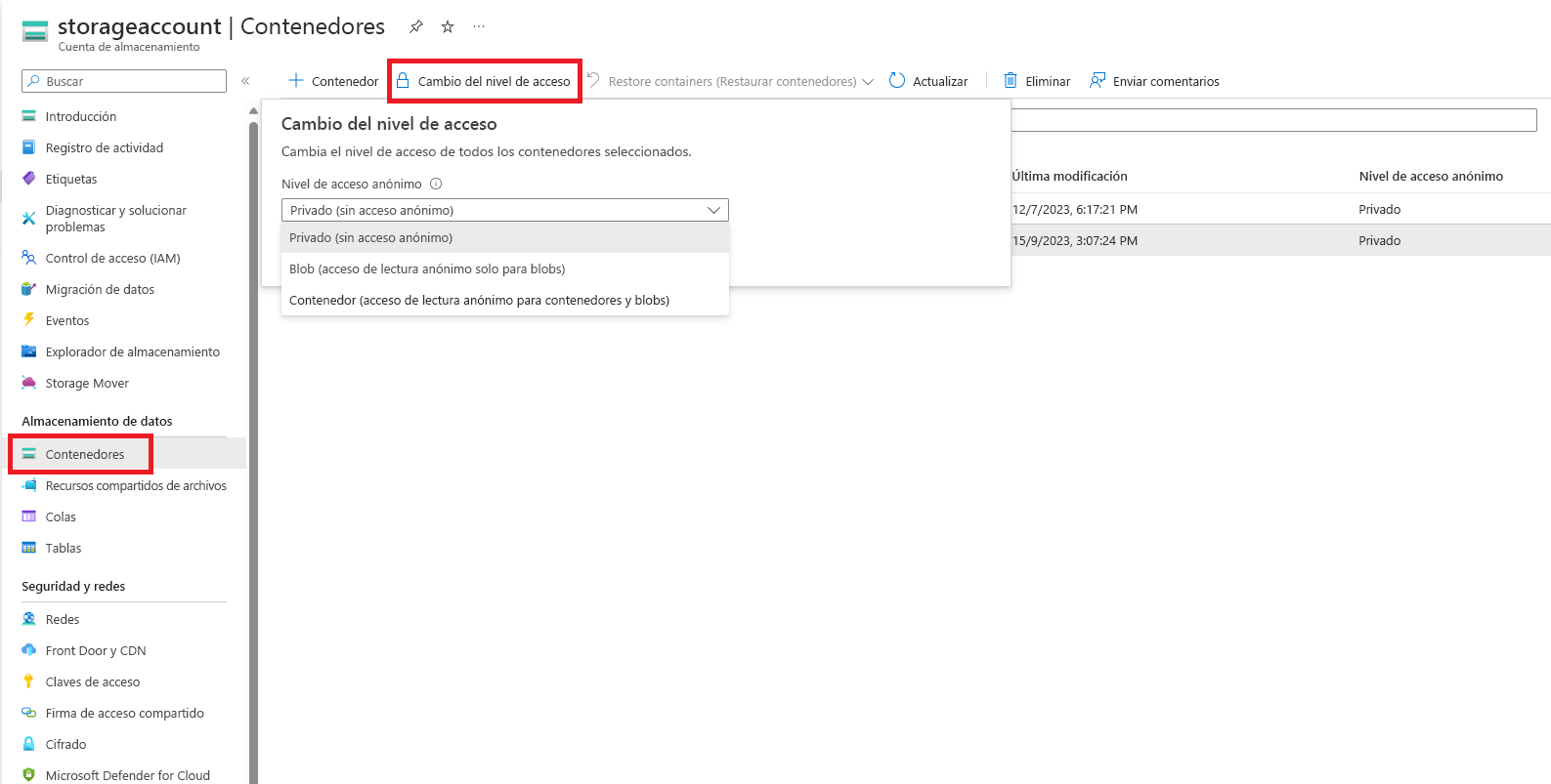 Captura de pantalla que muestra cómo establecer el nivel de acceso anónimo en el portal.
