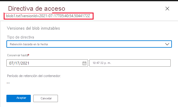 Recorte de pantalla que muestra cómo configurar la directiva de retención para una versión de blob anterior en Azure Portal