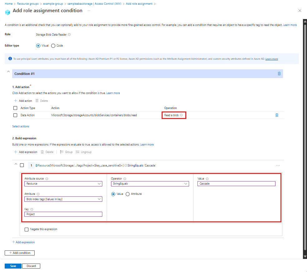 Recorte de pantalla del editor de condiciones en Azure Portal que muestra el acceso de lectura a blobs con una etiqueta de índice de blobs.