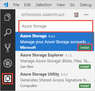 Instalación de la extensión de Azure Storage en VS Code