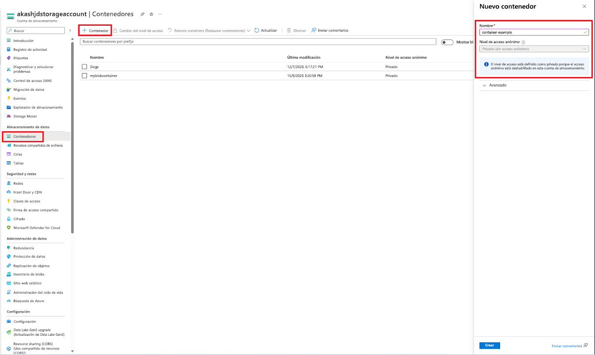 Captura de pantalla que muestra cómo crear un contenedor en Azure Portal