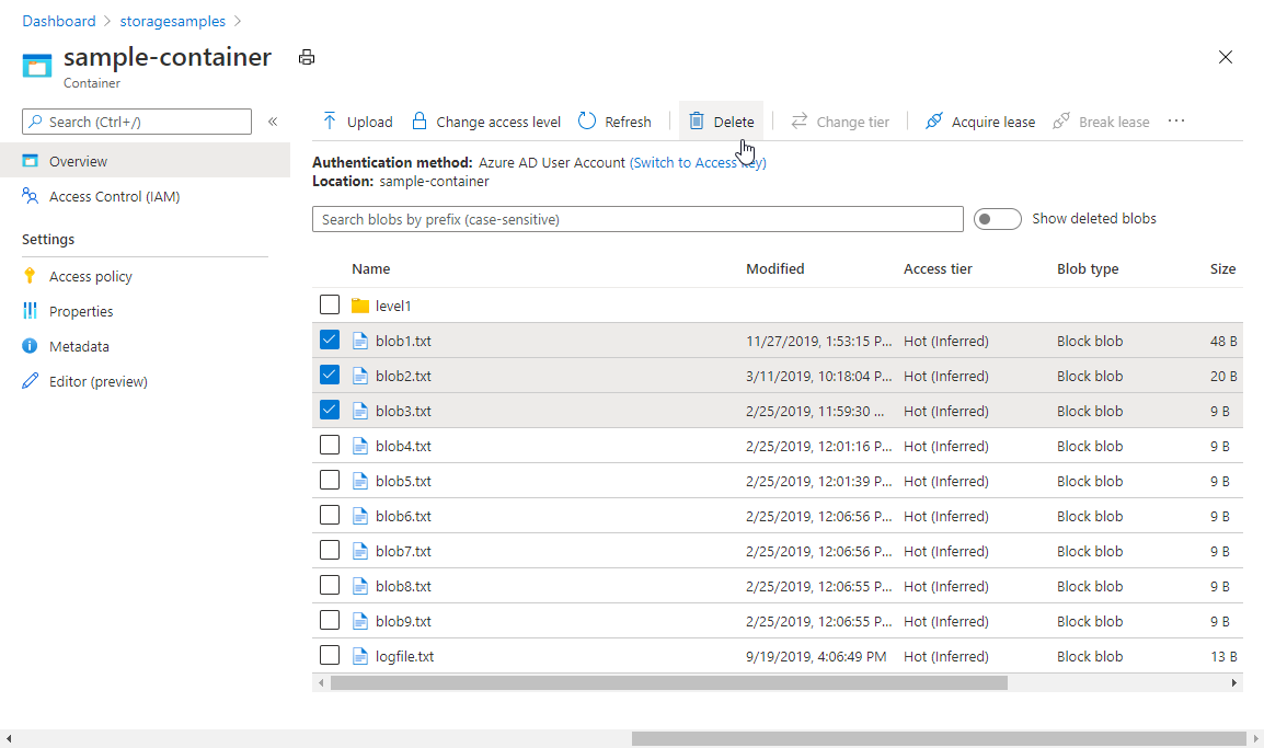 Captura de pantalla que muestra cómo eliminar blobs desde Azure Portal