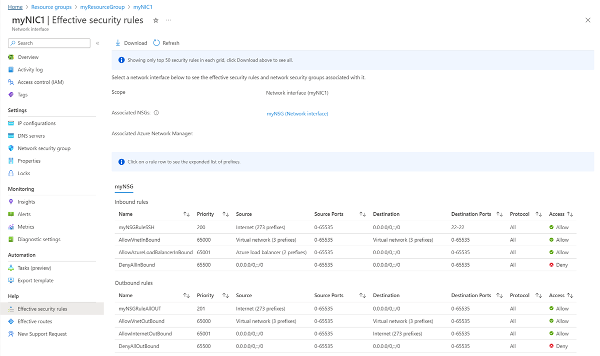 Recorte de pantalla de las reglas de seguridad eficaces.