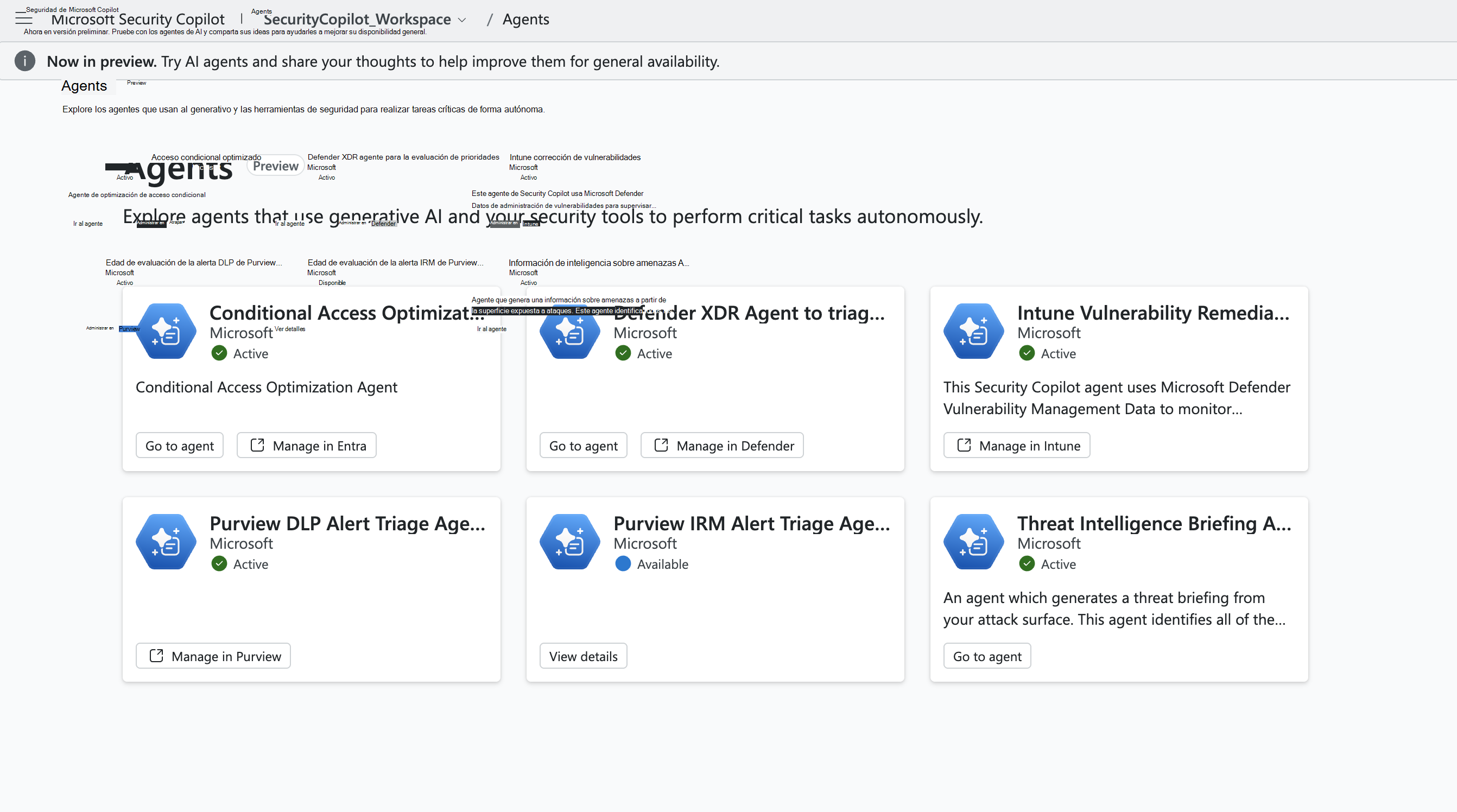 Imagen de las tarjetas de agentes de Security Copilot