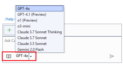 Captura de pantalla de la ventana de chat de GitHub Copilot con la lista desplegable Selector de modelos resaltada.