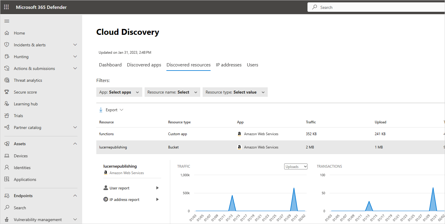 Captura de pantalla que muestra una lista de recursos detectados.