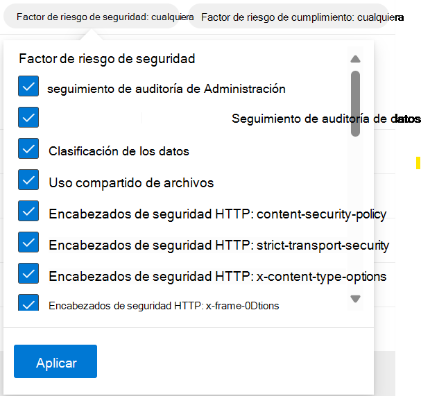 Captura de pantalla que muestra los filtros de factor de riesgo de seguridad