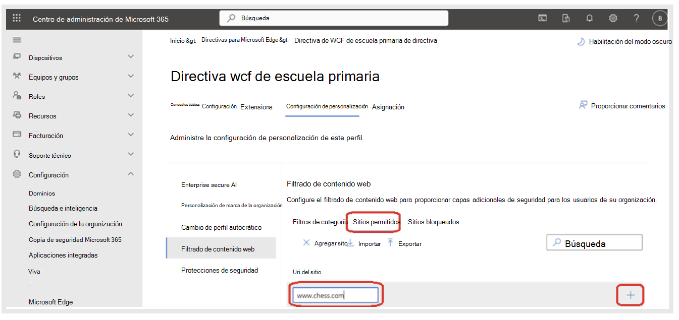 Escriba la dirección URL de los sitios permitidos en filtrado de contenido web.