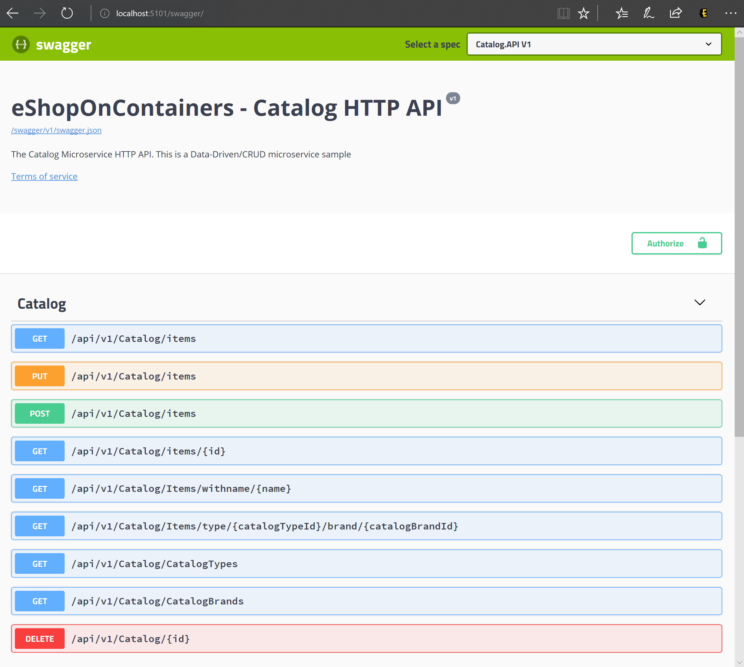 Captura de pantalla de la interfaz de usuario de Swagger que muestra la API REST Catalog.API.