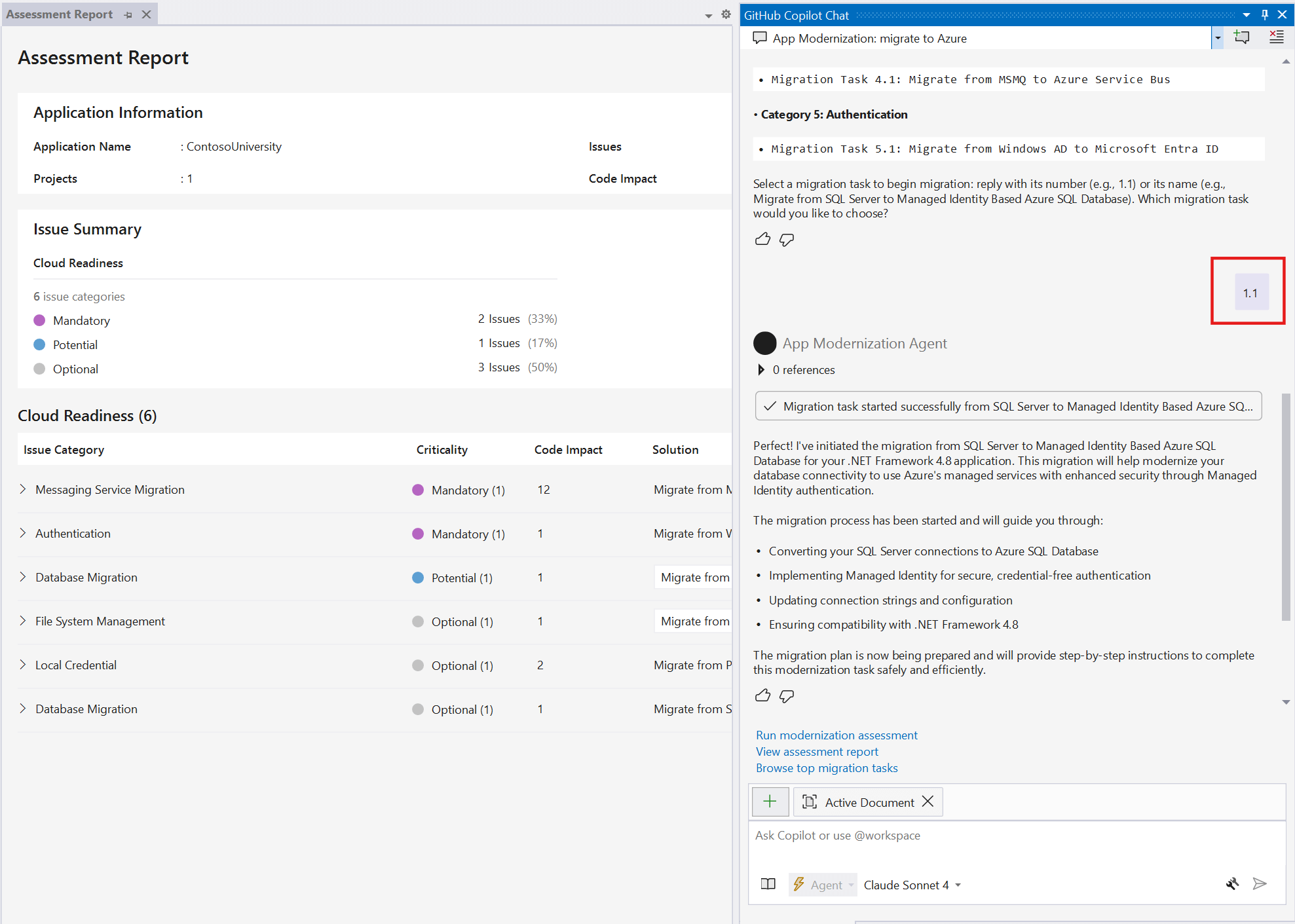 Captura de pantalla del envío de un mensaje en El chat de Copilot para iniciar una tarea de migración.