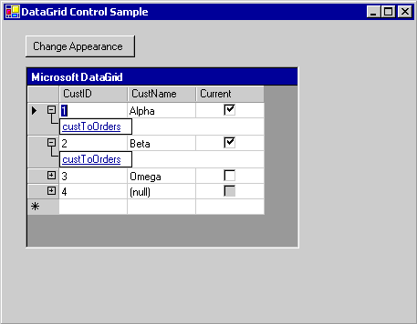 Una aplicación WinForms que muestra un dataGrid enlazado a datos con varias tablas.
