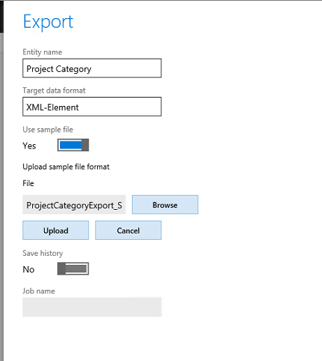 Screenshot of entering export details for the Project Category entity.