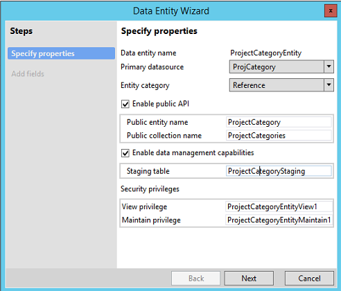 Screenshot of the Specify properties page in the Data Entity wizard.