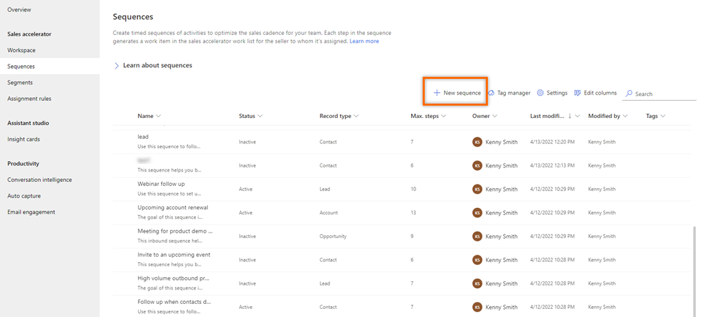 Captura de pantalla de la selección de Nuevo para crear una secuencia en Dynamics 365 Sales.