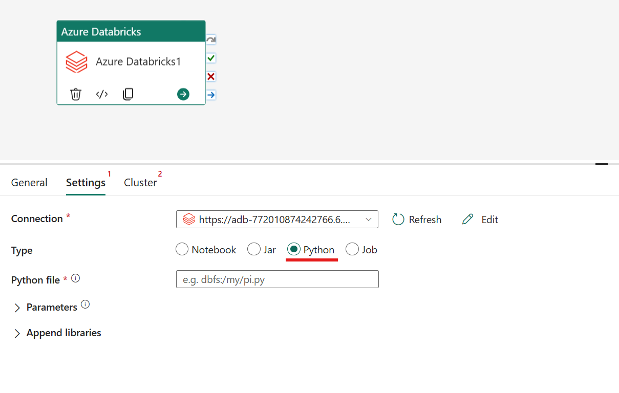 Captura de pantalla que muestra el tipo Python de la actividad de Azure Databricks.