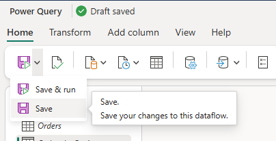 Recorte de pantalla de las opciones para guardar un flujo de datos dentro de la pestaña Inicio de la cinta de opciones.