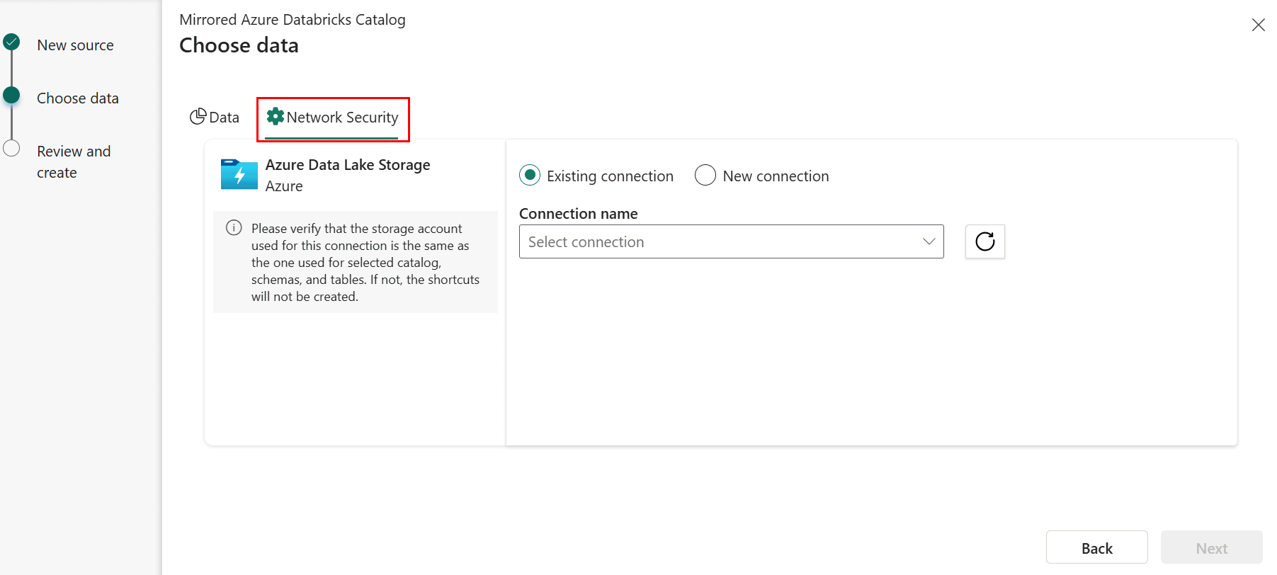 Captura de pantalla de la pestaña Seguridad de red en Databricks.