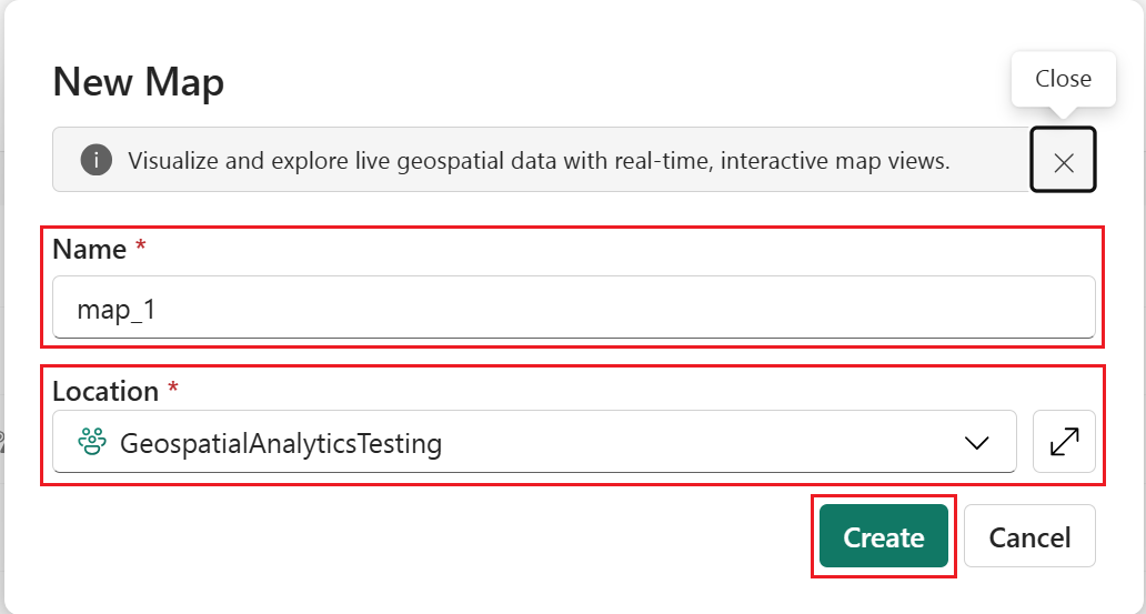 Captura de pantalla de la página Nuevo mapa con un nombre para el mapa y el área de trabajo predeterminada.