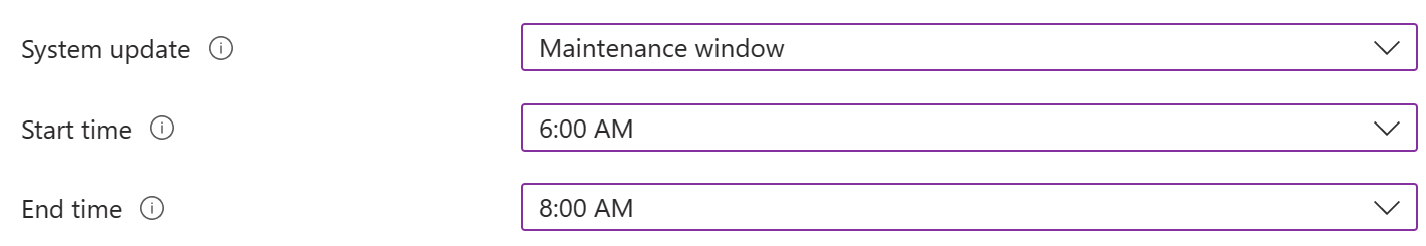 Captura de pantalla que muestra la configuración de actualización del sistema con una ventana de mantenimiento para dispositivos Android Enterprise en el centro de administración de Microsoft Intune.