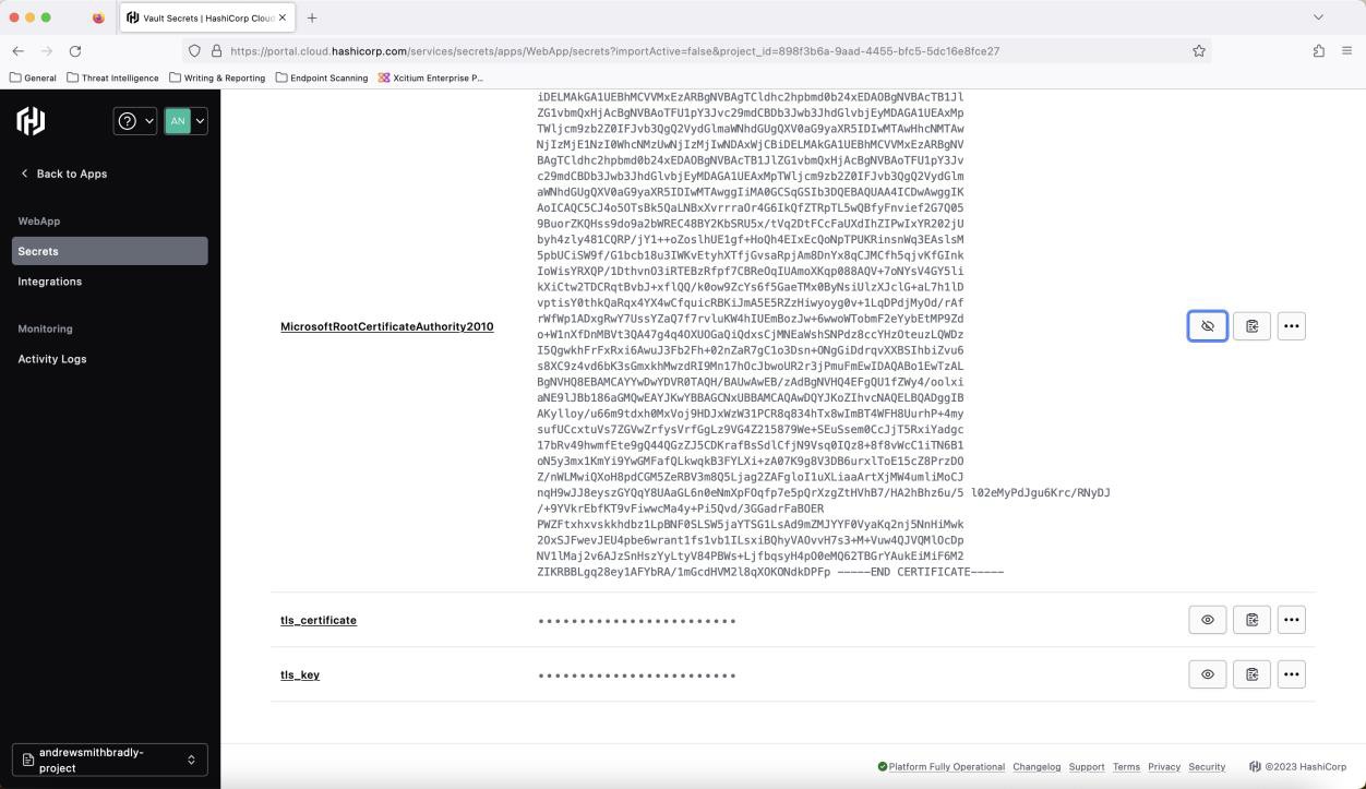 Página 2 del informe Secretos del panel de Almacenes de Hashicorp.