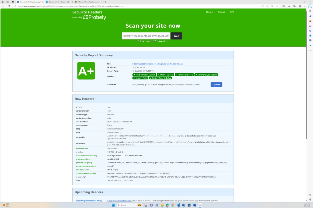 Examen de encabezados de resumen del informe de seguridad que muestra una puntuación A+.