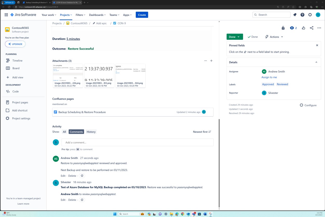Vale de copia de seguridad de Jira con duración, resultado y seguimiento de actividad.