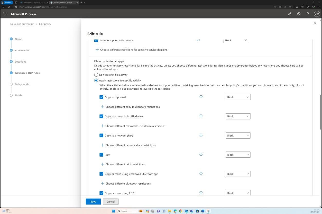 Configuración de directiva DLP de Microsoft Purview.