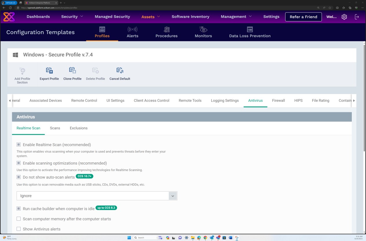 Perfiles de plantillas de configuración para la configuración de examen antivirus.