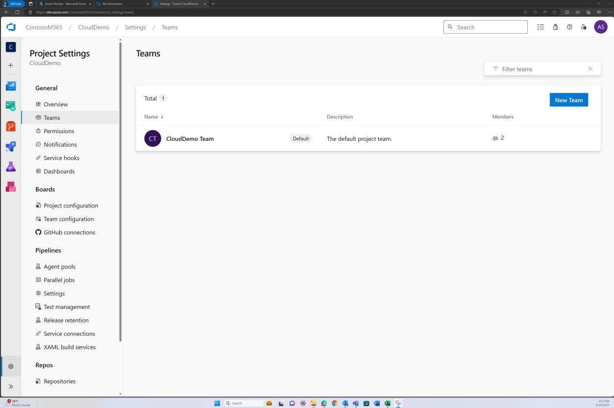 Configuración del proyecto de Azure DevOps Teams para CloudDemo Team.