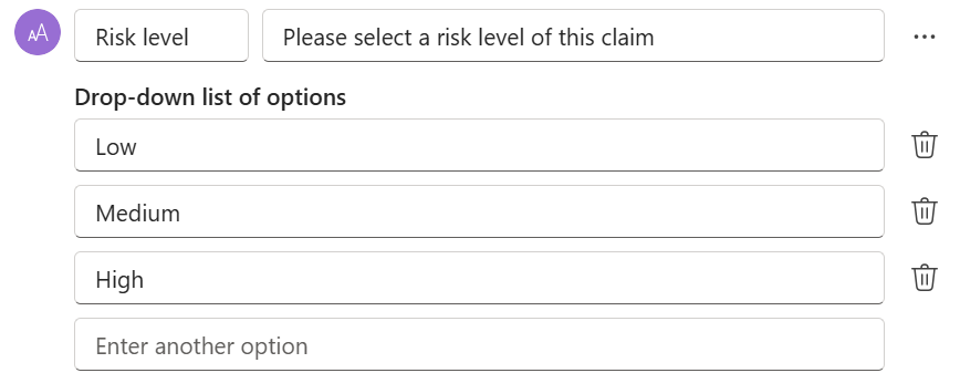 Captura de pantalla de la adición de opciones para entradas de texto desplegables en Copilot Studio