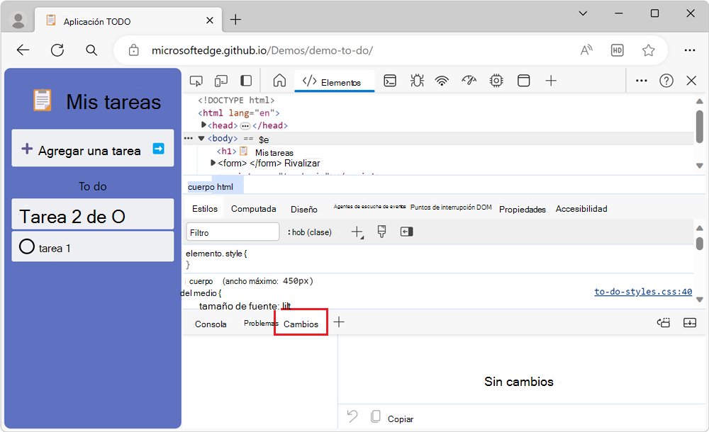La herramienta Cambios en el panel Vista rápida