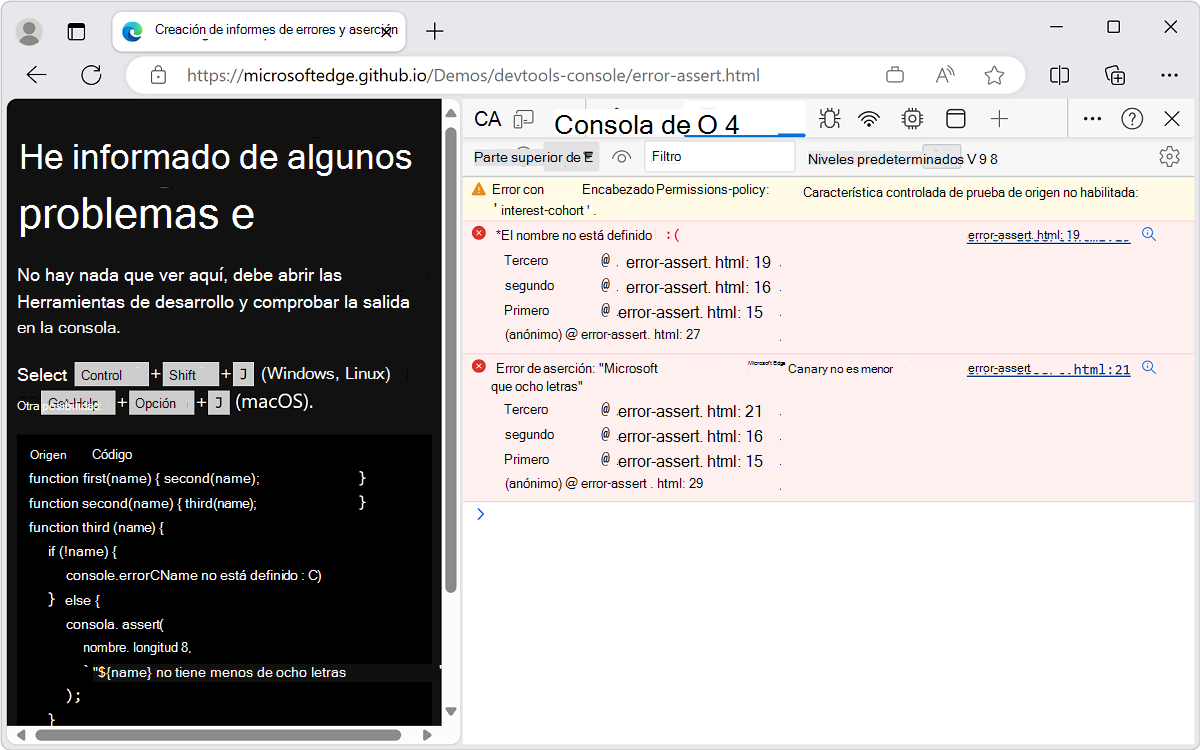Los mensajes de error aparecen en la consola